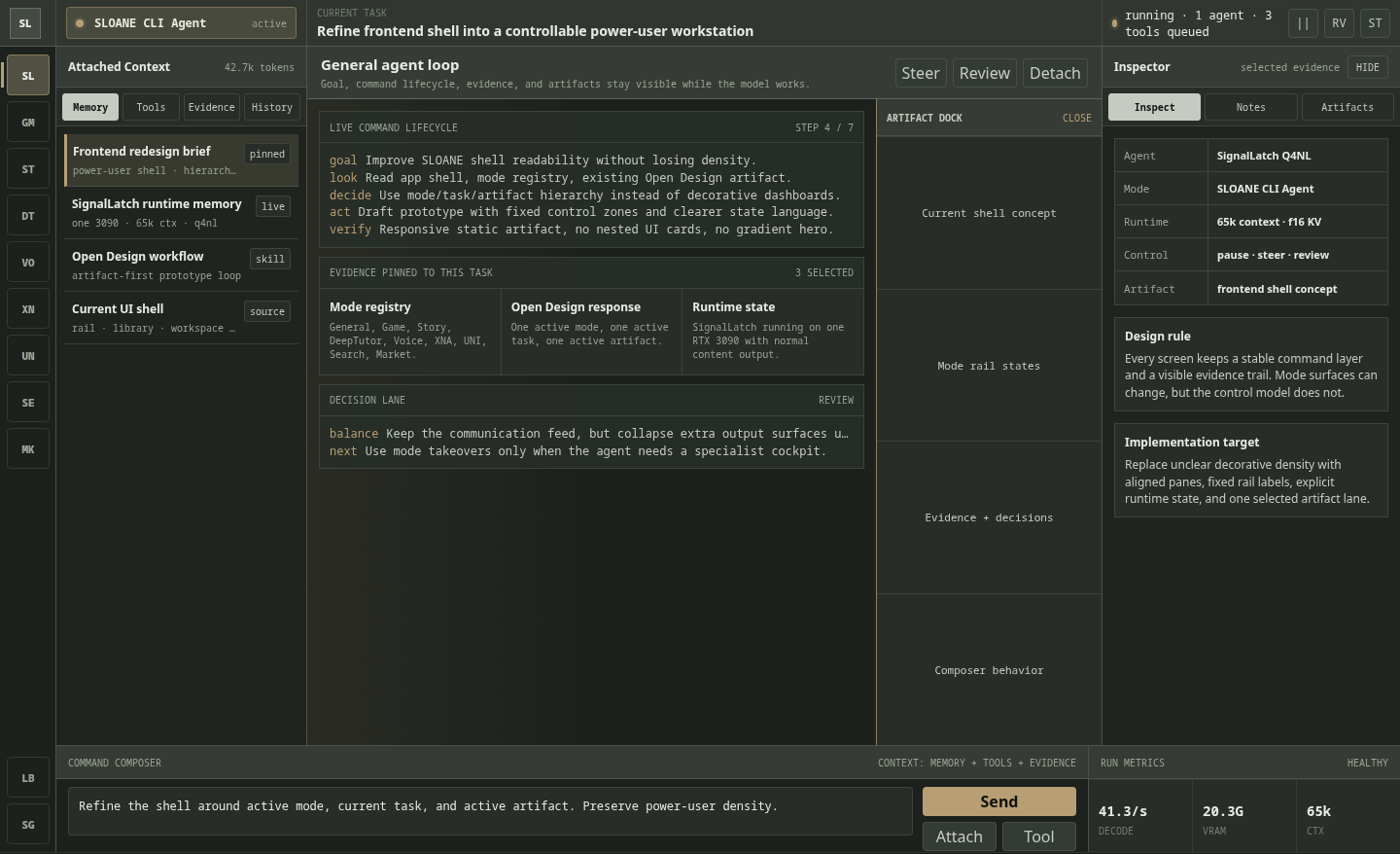 Sanitized first-shot SignalLatch workstation UI showing attached context, command lifecycle, evidence, artifact dock, and inspector panels.
